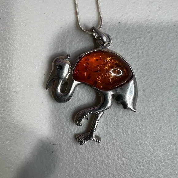 Flamingo Pendant Necklace with Amber Inlay - Silver Tone - Picture 4 of 4